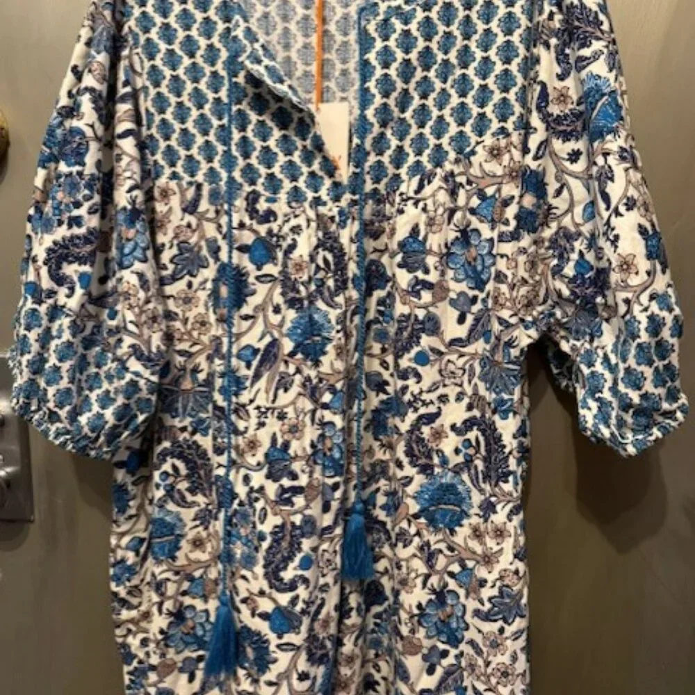 Retro Puff Sleeve Blue Bohemian Floral Tassel Tie Dress - Picture 11 of 16